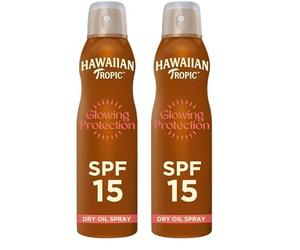 Hawaiian Tropic Brume huile sèche Glowing Protection, Résistante à l’eau, Protection SPF 15, UVA + UVB, Écran solaire en spray, Senteur tropicale, Huile solaire aux plantes des îles, 177 ml (Lot de 2)