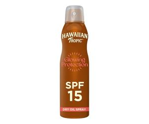 Hawaiian Tropic Brume huile sèche Glowing Protection, Résistante à l’eau, Protection SPF 15, UVA + UVB, Écran solaire en spray, Senteur tropicale, Huile solaire aux plantes des îles, 177 ml