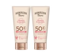 Hawaiian Tropic Glowing Protection Crème Solaire Visage Imperméable SPF 50 UVA + UVB Beurre de Karité 50ml (2 Pièces + Baume à Lèvres)