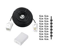 HAWAKA BT Rallonge de téléphone de 10 m, câble téléphonique à travers, long câble téléphonique avec prise britannique standard et coupleurs de 1 en ligne et 20 supports de clip de câble (BT-BK-10 m)