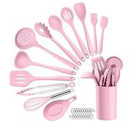 HaWare Ensemble d'ustensiles de cuisine rose 13 pièces en silicone avec support, ustensiles de cuisine avec spatule, cuillère, ustensiles de cuisine antiadhésifs et résistants à la chaleur, passe au