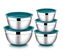 HaWare Lot de 5 saladiers en acier inoxydable avec couvercle hermétique et fond en silicone antidérapant, empilables et polyvalents, passent au lave-vaisselle, 6,6 l, 3,5 l, 2,5 l, 1,5 l, 1 l, bleu