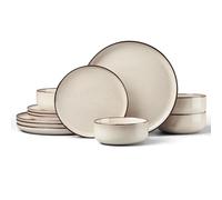 HaWare Service de table 12 pièces en grès pour 4 personnes avec assiettes et bols, résistant aux éclats et aux rayures, passe au micro-ondes et au lave-vaisselle, kaki crème
