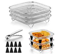 HaWare Support pour friteuse à air, 3 pièces en acier inoxydable, carré | Panier de friteuse empilable avec pieds en silicone et clip anti-brûlure, pour rôtir, cuire au four, lave-vaisselle