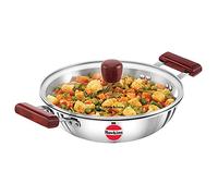 Hawkins Poêle à frire profonde de 2,5 litres, triple épaisseur en acier inoxydable Kadai avec couvercle en verre, fond plat, induction Kadhai, argent (SSD25G)