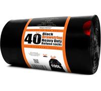 Haya Home - Lot de 40 sacs poubelle en plastique noir avec cordon de serrage - 100 L - Avec poignée supérieure - Pour cuisine, maison, bureau, bricolage, jardin - Matériau 100 % recyclé