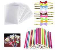 HAYGEM 300 Pièces Guimauve Bâtons de Papier et Sachet Bonbon Set, 100 Cake Pop Non Toxique, 100 Sachet Bonbon OPP Transparents, 100 Ruban de Liage pour Fêtes d'anniversaire, Halloween, Mariage