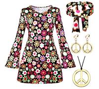 Haysandy Costume hippie des années 70 et 80 pour femmes, tenue discothèque, signe de la paix, boucles d'oreilles, collier, bandeau, robe pour fête d'Halloween (taille M), Multicolore, Medium