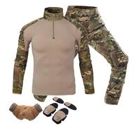 HAZARA Vêtements Airsoft Uniformes Rip-Stop à Manches Longues Vêtements Airsoft avec Coudières,Genouillères Et Gants De Combat Tenues Tactiques Pant,Camo-M