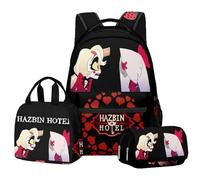Hazbin Hotel Fashion Charlie Morningstar Ensemble de 3 sacs à dos d'école, trousse à crayons pour garçons et filles, a, 30 x 16 x 43 CM, Dessin animé