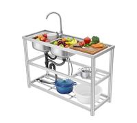 HazLope Évier 2 Bacs Inox 120 cm, Double Bac avec Égouttoir et Étagère, Table Évier Cuisine avec Robinet 360° Plan Travail Intégré, Évier à Poser pour Jardin Garage Atelier