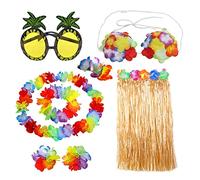 Hazrcvr Deguisement Hawai 8 pièces Deguisement Hawaienne Femme Jupe Hawaienne Hawaiian Herbe Jupe Hula avec Bandeau de Fleurs Bracelet Guirlande de Lei Collier Lunettes de Soleil Ananas
