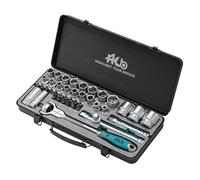 HB Coffret Douilles 42 Pièces AKM014-G avec Cliquet Tête Pivotante 90 Dents 1/2" | Orientation 270° | Boîte Métal avec Insert EVA | Douilles CR-V & Embouts S2 | Fabriqué à Taïwan