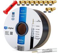 HB-DIGITAL 100m câble coaxial Sat HQ-135dB Pro INCL. Pince à dénuder + 10 fiches F plaquées Or | d'antenne Satellite Quadruple blindé pour systèmes Radio BK DVB-S/S2 DVB-C/C2 DVB-T/T2 Dab+. Noir