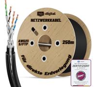 HB-DIGITAL 250 m CAT 7 Câble de réseau extérieur pour pose directe en terre - Certifié GHMT - S/FTP AWG23 cuivre pur double manchon PVC + LLDPE PoE 10Gbit/s câble Ethernet pour extérieur - Noir