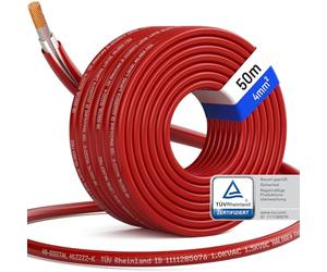 HB-DIGITAL 50m Câble solaire 4mm² Photovoltaïque H1Z2Z2-K - Certifié TÜV Rheinland - aux UV Flexible En cuivre pur 1500V Cable d'installation pour panneau solaire Alimentation en énergie sûre - Rouge