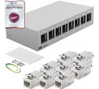 HB-DIGITAL Panneau de brassage 8 ports 1 HE 8 x CAT 6a RJ45 Module Keystone Jack - Certifié GHMT - Entièrement blindé STP 10 Gbps - Compatible avec les câbles de pose - Câble réseau LAN - Gris clair