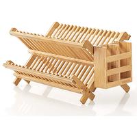 HB-life Égouttoir à vaisselle pliable à 2 étages en bambou avec support pour ustensiles de cuisine