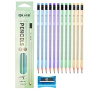 HB Lot de 12 crayons en bois, avec gomme et taille-crayon, pour enfants, antidérapants, triangulaires, multicolores, pour examens, école, bureau, dessin et croquis