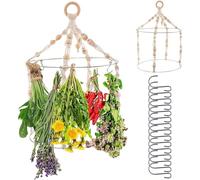 Hbbgdiy Égouttoir à Herbes à 2 Niveaux, séchoir Suspendu en Bois et Corde de Coton, étendoir réglable de Style bohème pour Herbes et Fleurs avec Boucle Suspension pour décoration Murale