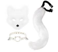 hbbhml Ensemble d'accessoires pour enfants et adultes avec masque et queue de loup en fourrure de chat et de renard, Taille unique, Blanc