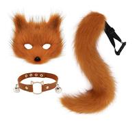 hbbhml Masque de renard en fausse fourrure loup chat queue moelleuse et collier en cuir ensemble Halloween fête cosplay accessoire de costume, Fox, taille unique