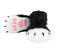 hbbhml Pantoufles pelucheuses en forme d'ours, chat, loup, chien, renard, pattes de griffe, bottes en fourrure, accessoires de costume pour adultes et enfants, Noir Blanc 2, One Size Big Kid