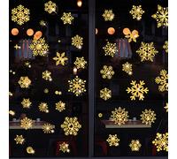 HBell Lot de 110 autocollants de Noël en forme de flocon de neige réutilisables en PVC pour décoration de maison/magasin, fournitures de fête d'hiver (doré)