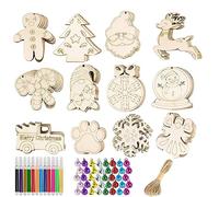 HBell Lot de 36 décorations de Noël en bois avec trous, tranches de bois brut avec ficelle, clochettes colorées, stylos aquarelle pour enfants, loisirs créatifs, décoration de Noël à suspendre, cadeau