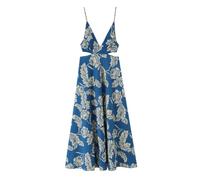 HBJDDMP Robe Midi Robe Midi À Imprimé Floral Bleu, Décolleté en V Plongeant Et Fines Bretelles, Coupe Été, Fendue Et Découpée.