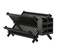 HBlife Égouttoir à vaisselle pliable en bambou noir à 2 niveaux avec support à ustensiles (égouttoir à vaisselle avec porte-ustensiles)