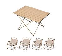 HBOOMOEM Table De Camping Pliable avec Chaises，Camping Table Chaise Set Pliable，LéGer Et Facile à Transporter, Adapté Aux Pique-Niques, Aux Voyages Et Au Barbecue.(Wood,56CM+4 Chairs)