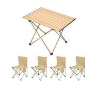 HBOOMOEM Table De Camping Pliante avec De Camping，Ensemble De Salle à Manger Portable，LéGer Et Facile à Transporter, Adapté à La RandonnéE, Aux Plages, Aux Barbecues.(Khaki,56CM+4 Ordinary Chairs)