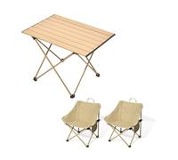 HBOOMOEM Table De Camping Pliante avec De Camping，Ensemble De Salle à Manger Portable，LéGer Et Facile à Transporter, Adapté à La RandonnéE, Aux Plages, Aux Barbecues.(Khaki,56CM+2 Upgraded Chairs)