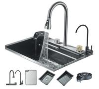 Hbronzeshower Évier de cuisine, Évier en acier inoxydable avec mélangeur extractible, Évier sous plan avec lave-verres (60 x 45 cm) multifonction, Évier cascade (gris argenté)