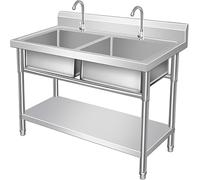 HBSSP Évier Commercial Extérieur 2 Compartiments Acier Inoxydable 304,Évier Utilitaire Autoportant 2 Bacs avec 2 Robinets for Buanderie, Garage, Café, Bar(120x60x80cm)