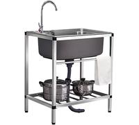 HBSSP Évier Commercial Simple Acier Inoxydable Évier Utilitaire Autoportant avec Robinet, Avec Égouttoir,1 Compartiment for Garage, Restaurant, Cuisine, Buanderie(Hot and Cold Faucet,58x43x75cm)