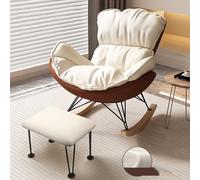 HBSSP Fauteuil Bascule D'intérieur Moderne Et Confortable Fauteuil Salon Rembourré Cuir Artificiel avec Coussin Épais for Lire Faire Sieste Chaises Salon(Off-White+Brown,with Footstool)