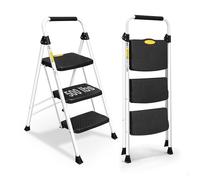 HBTower Escabeau 3 Marches Pliable, Échelle Compacte avec Poignée en Caoutchouc, Design Antidérapant, Fabriquée en Acier Alliage de Haute Qualité, Charge Maximale 150kg, pour Maison et Bureau