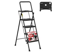 HBTower Escabeau 4 Marches Pliable, Échelle avec Marches Antidérapantes Large et Plateau à Outils, Charge Maximale 150 kg, Idéale pour Cuisine, Garage et Bricolage