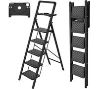 HBTower Escabeau 5 Marches Pliable avec Plateau à Outils, Marchepied Compact, Cadre en Acier Robuste, Charge Maximale 150 kg, Portable pour Maison et Cuisine