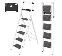 HBTower Escabeau 5 Marches Pliable avec Plateau à Outils, Marchepied Compact, Cadre en Acier Robuste, Charge Maximale 150 kg, Portable pour Maison et Cuisine