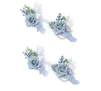 Hburirrty Lot de 4 corsage et boutonnière bleu poudré - Accessoires décoratifs pour poignet - Accessoires de fleurs artificielles pour bal de fin d'année, bracelets de poignet