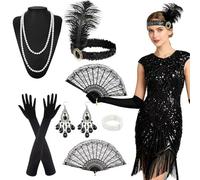 HBWHNIU Robe Charleston Femme Annee 20, Robe Années 1920 Paillettes et à Franges, Robe Flapper Vintage, avec Ensemble d'Accessoires, Costumes des Années 20 pour Femme, pour Carnaval, Cocktail (A, L)