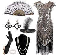 HBWHNIU Robe Charleston Femme Annee 20, Robe Années 1920 Paillettes et à Franges, Robe Flapper Vintage, avec Ensemble d'Accessoires, Costumes des Années 20 pour Femme, pour Carnaval, Cocktail (B, L)