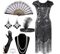HBWHNIU Robe Charleston Femme Annee 20, Robe Années 1920 Paillettes et à Franges, Robe Flapper Vintage, avec Ensemble d'Accessoires, Costumes des Années 20 pour Femme, pour Carnaval, Cocktail (A, M)
