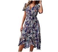 HBWL01 Robe d'été pour invitées de mariage pour femme, robe midi à volants, fente à lacets, robe décontractée à motif floral, blanc, bleu marine, L