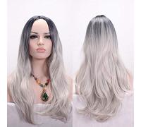 HBYLEE - Perruque de cheveux synthétiques longs ondulés avec racines foncées - Noir - Rose - Bleu - Violet - Pour femme - Fibre haute température - Argenté - Couleur : argenté