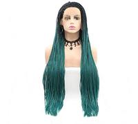 HBYLEE Perruque pour cosplay pour femme faite à la main avec boîte afro-américaine pour femme Cosplay vacances racines noires ombré vert/gris dentelle frontale perruque longue natte fibre synthétique