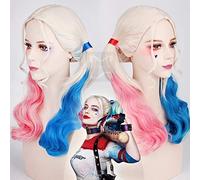 HBYLEE -Wig for Cosplay Perruque de cheveux longs bouclés avec motif de commando Harley Quinn, rose et bleu, queue de cheval multicolore